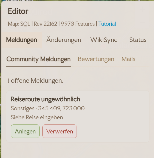 Das Editor-Panel mit den Reitern Meldungen, Aenderungen, WikiSync und Status sowie der Statuszeile mit dem Link auf das Handbuch