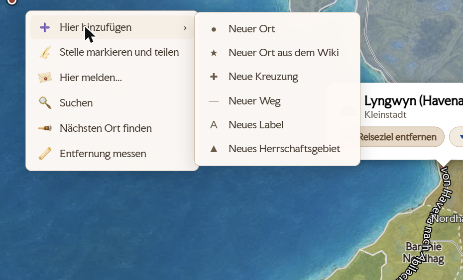 Rechtsklick-Menue Hier hinzufuegen mit Untermenue Neuer Ort, Neue Kreuzung, Neuer Weg, Neues Label, Neues Herrschaftsgebiet