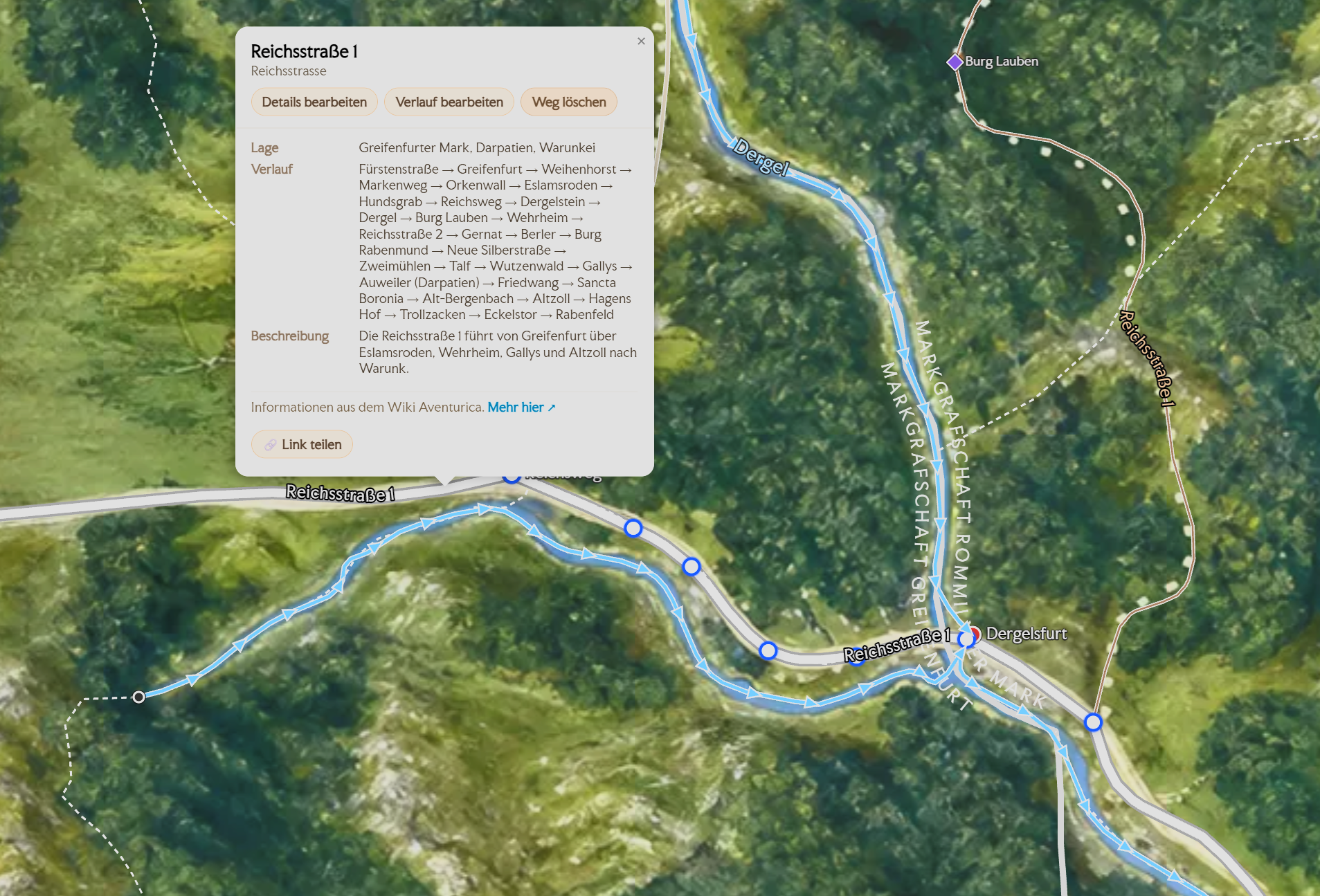 Ausgewaehlter Weg Reichsstrasse 1 mit sichtbaren Knotenpunkten und dem Popup mit Bearbeiten, Verlauf bearbeiten, Weg loeschen
