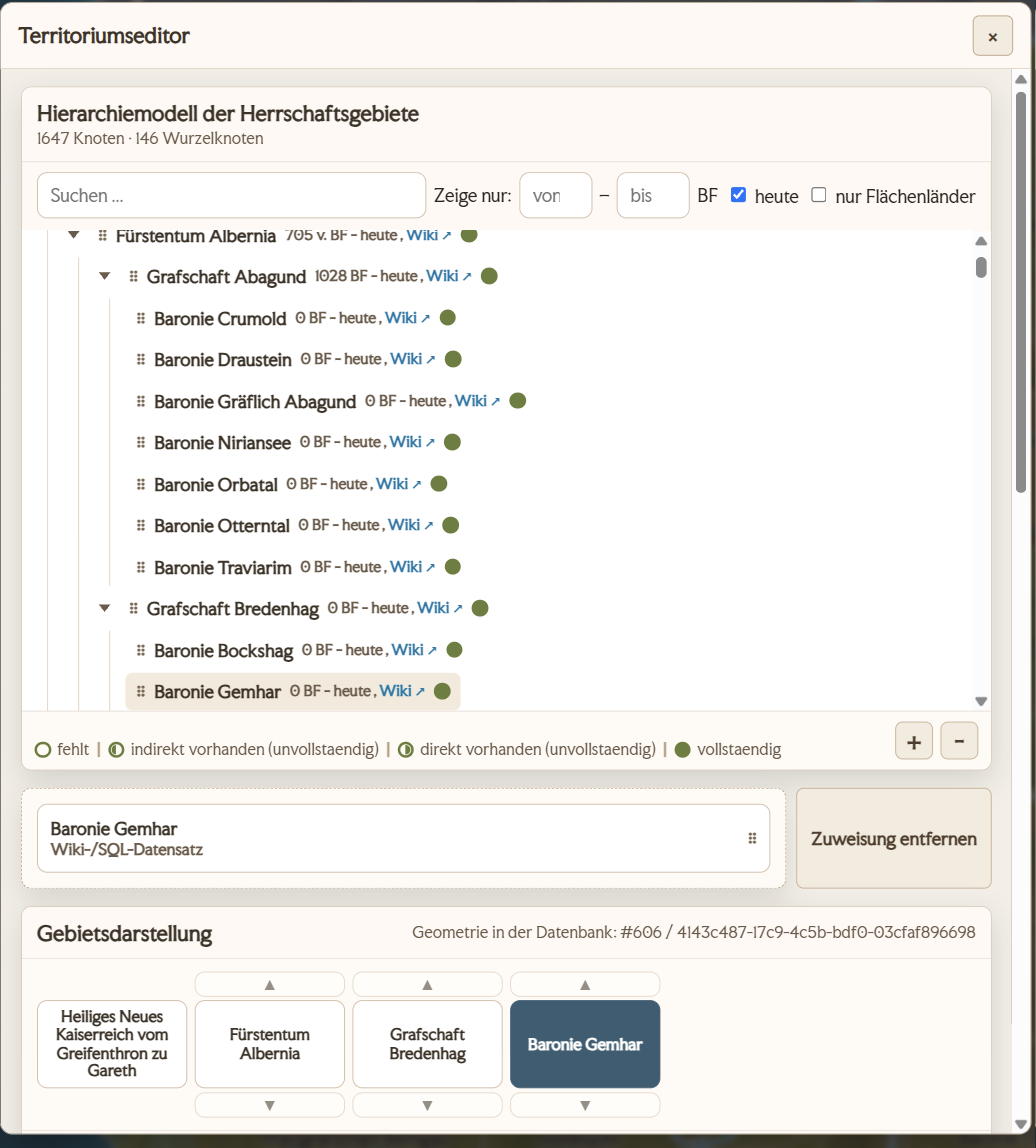 Der Territoriumseditor mit Hierarchiebaum der Herrschaftsgebiete, Wiki-Verknuepfungen, Gueltigkeit und Breadcrumb-Darstellung