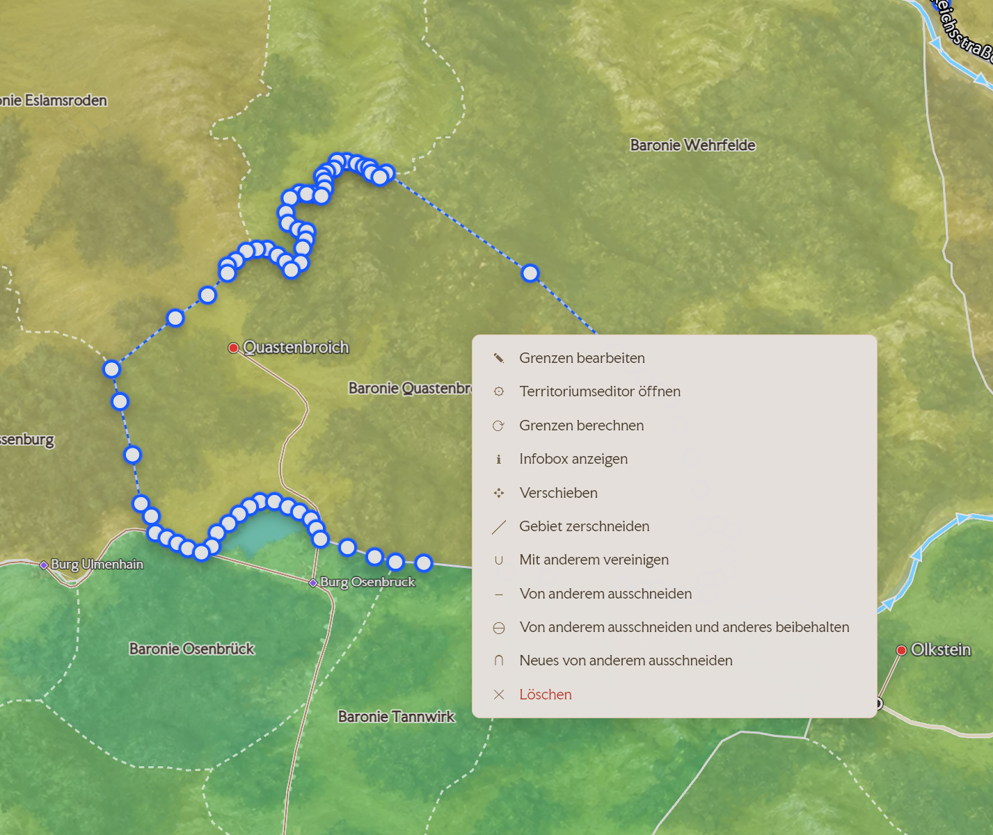 Gebiets-Kontextmenue mit Grenzen bearbeiten, Territoriumseditor oeffnen, Grenzen berechnen, Verschieben, Gebiet zerschneiden, vereinigen, ausschneiden, herausloesen, Loeschen