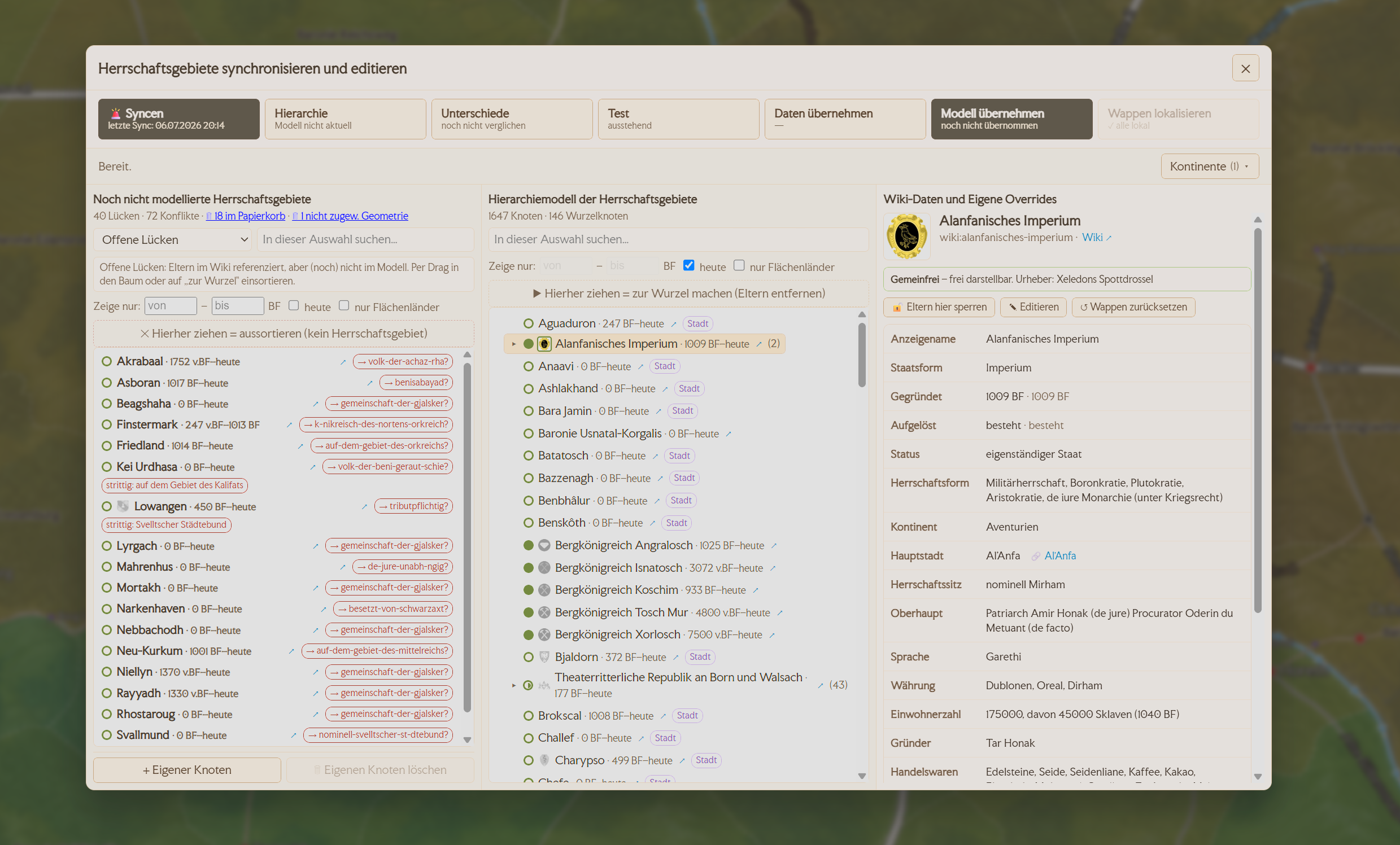 Territorien-Sync-Editor mit Syncen, Hierarchiemodell, Lueckenliste und Wiki-Overrides