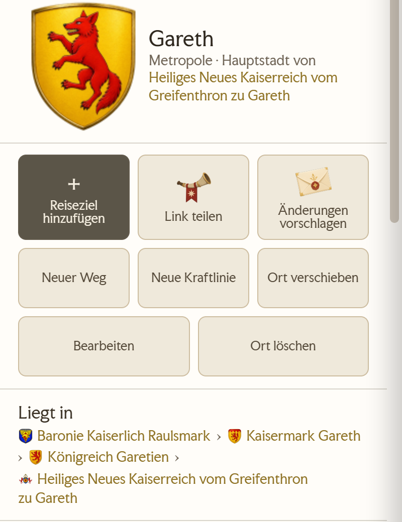 Das Infopanel der Metropole Gareth mit Wappen, Ortsname, den Knoepfen Aenderungen vorschlagen und Bearbeiten sowie der Zeile Liegt in