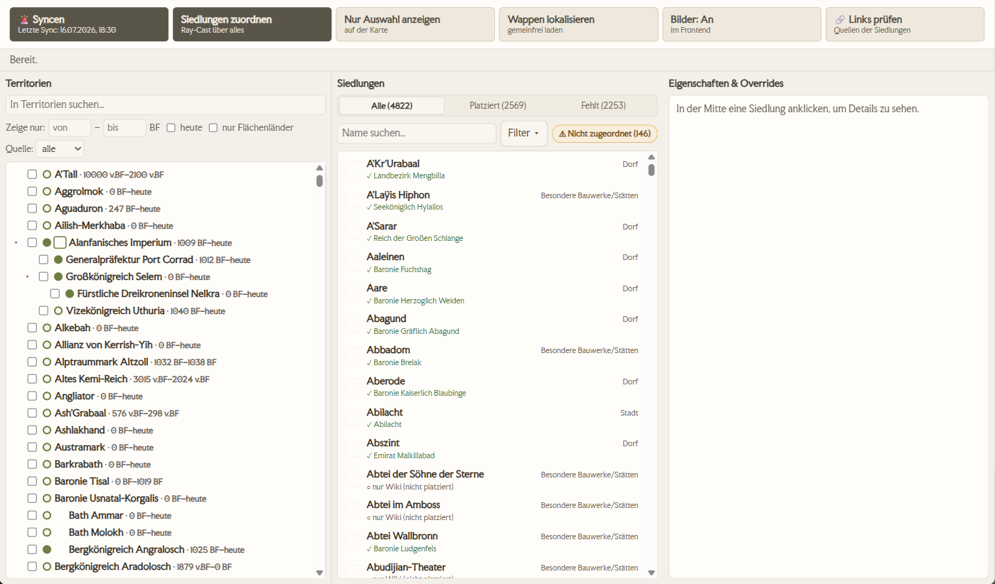 Der Siedlungseditor mit Menueband, links der Territorienbaum, in der Mitte die Siedlungsliste mit den Reitern Alle, Platziert und Fehlt, rechts die Spalte Eigenschaften und Overrides