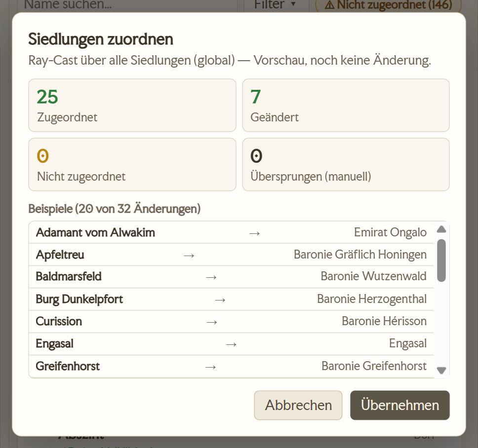 Vorschau des Dialogs Siedlungen zuordnen mit den vier Zaehlern Zugeordnet, Geaendert, Nicht zugeordnet und Uebersprungen sowie einer Beispielliste Name zu Zielterritorium