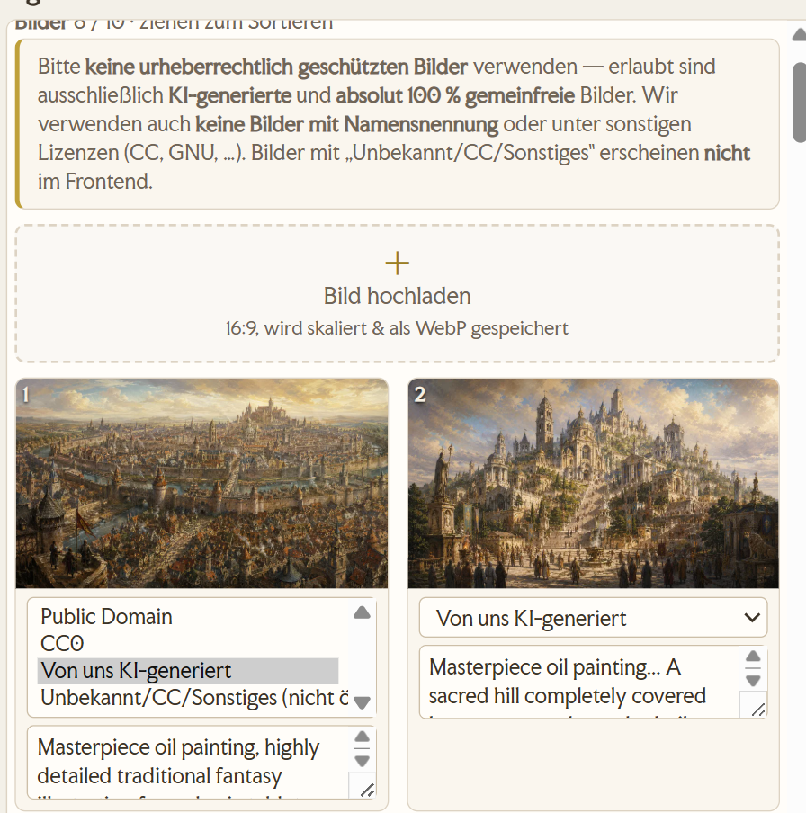 Die Bildergalerie mit aufgeklapptem Lizenzfeld und den vier Werten Public Domain, CC0, Von uns KI-generiert und Unbekannt CC Sonstiges nicht oeffentlich