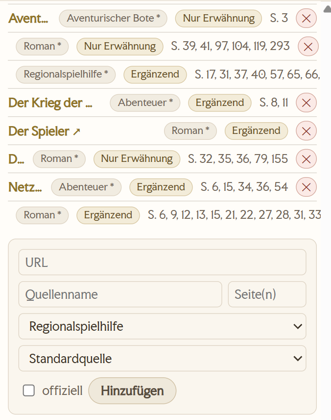 Der Bereich Quellen mit bestehenden Quellenzeilen samt Typ- und Abdeckungsschild und darunter der Eingabezeile aus URL, Quellenname, Seiten, Typ, Abdeckung und offiziell