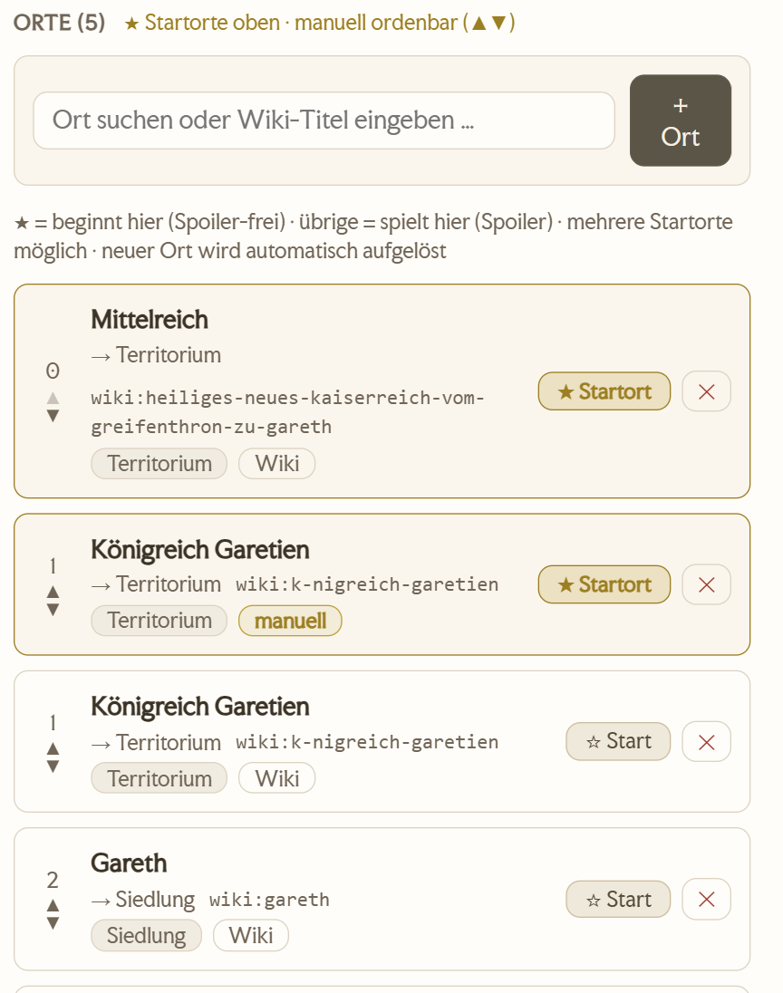 Die Orte-Liste im Abenteuereditor mit mehreren Zeilen, einer Zeile mit gefuelltem Stern Startort und einer mit leerem Stern Start sowie den Pfeiltasten zum Umsortieren